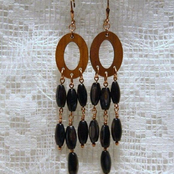 Handmade Shell, Copper & Wood Chandelier Earrings - Picture 5 of 5